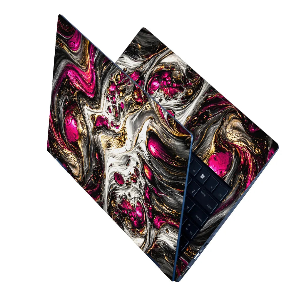 Abstract Magenta Gold Liquid Marble Swirl Laptop Skin - View 2