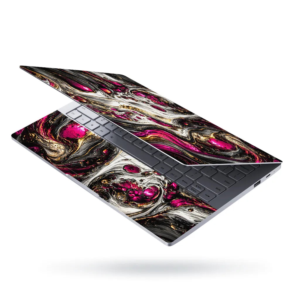 Abstract Magenta Gold Liquid Marble Swirl Laptop Skin - View 3