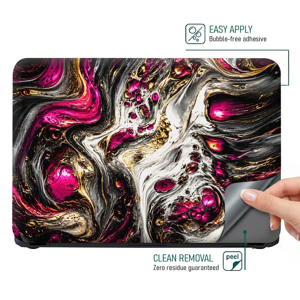 Abstract Magenta Gold Liquid Marble Swirl Laptop Skin - View 4