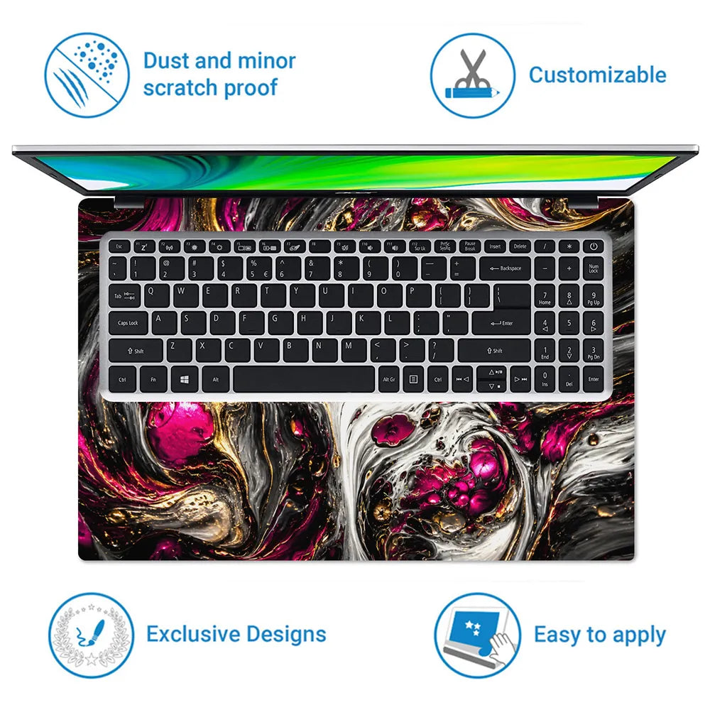 Abstract Magenta Gold Liquid Marble Swirl Laptop Skin - View 5