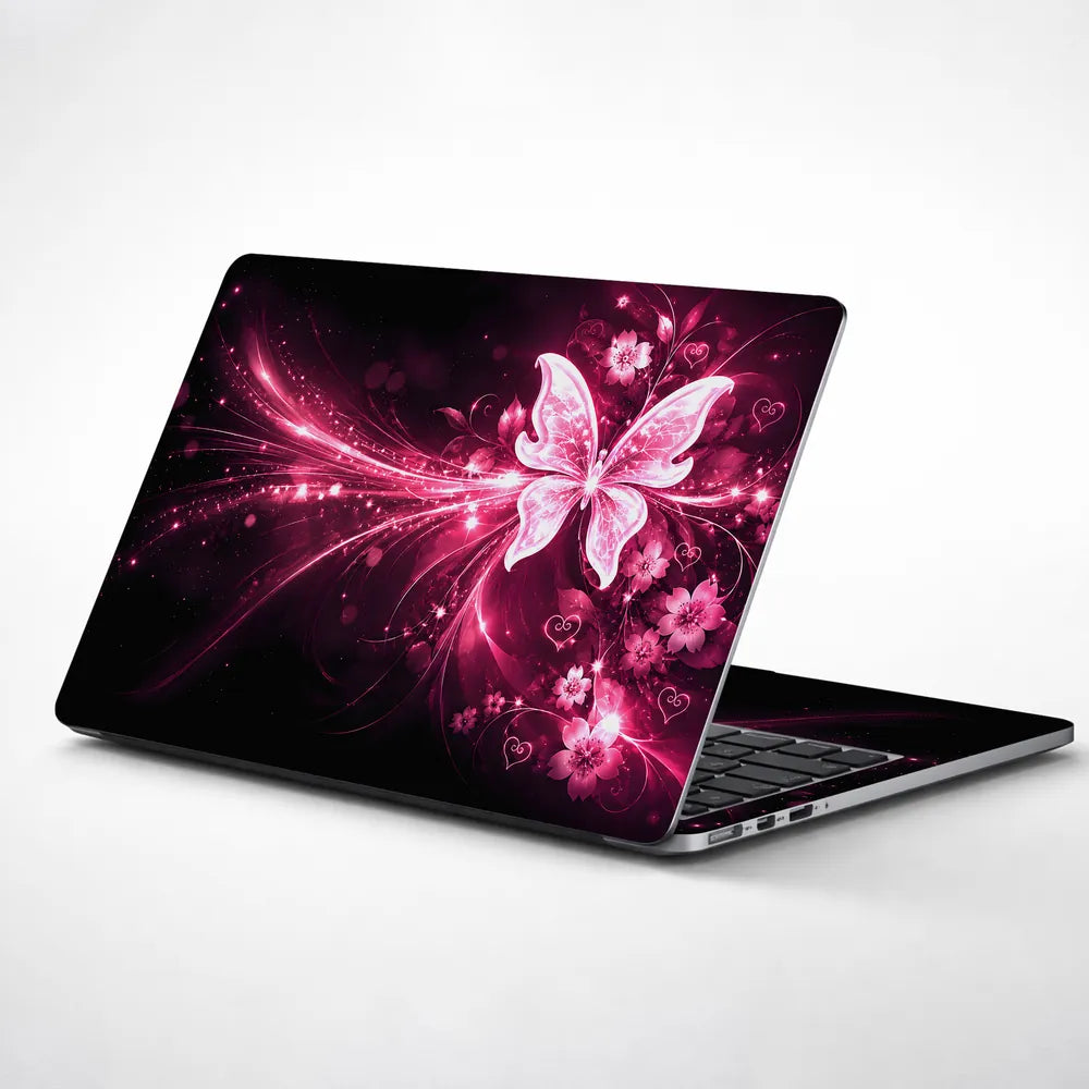 Abstract Pink Glowing Butterfly Floral Hearts Laptop Skin - View 1