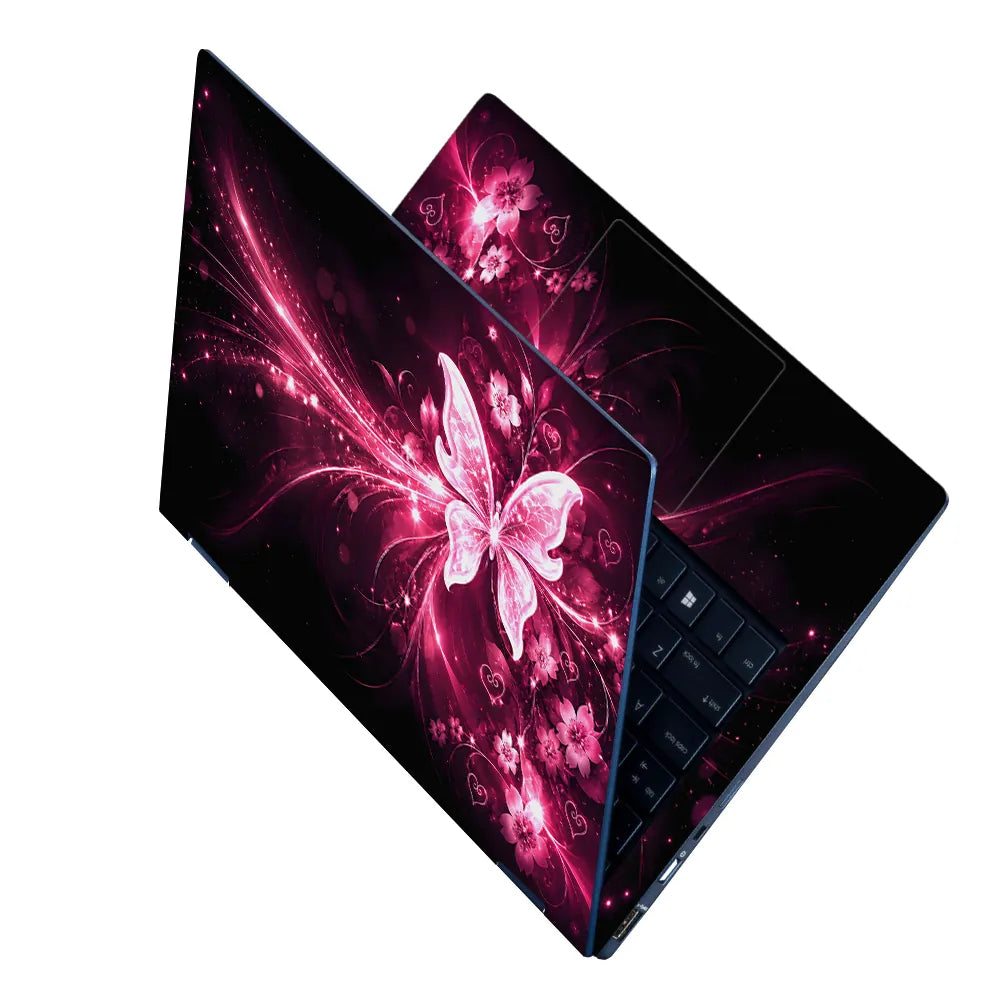 Abstract Pink Glowing Butterfly Floral Hearts Laptop Skin - View 2