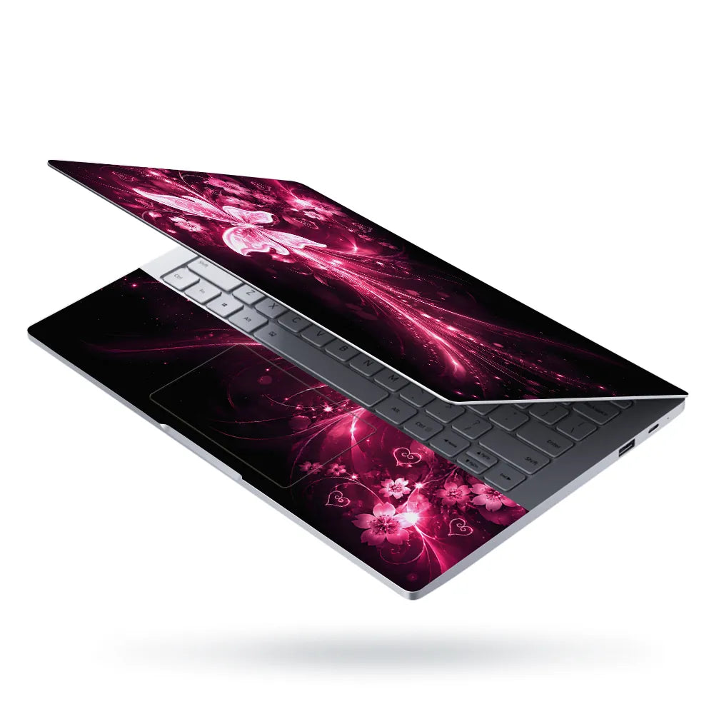 Abstract Pink Glowing Butterfly Floral Hearts Laptop Skin - View 3