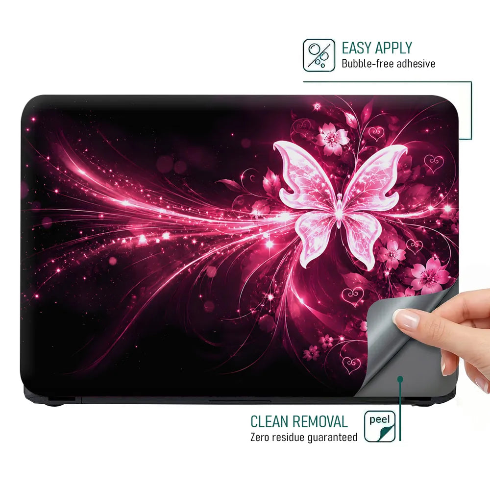 Abstract Pink Glowing Butterfly Floral Hearts Laptop Skin - View 4