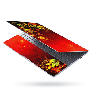 Abstract Red Fire Foliage Swirls on Black Laptop Skin - View 3