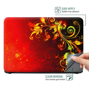 Abstract Red Fire Foliage Swirls on Black Laptop Skin - View 4