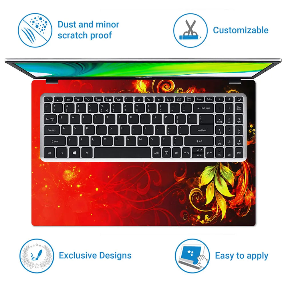 Abstract Red Fire Foliage Swirls on Black Laptop Skin - View 5