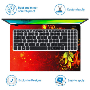 Abstract Red Fire Foliage Swirls on Black Laptop Skin - View 5