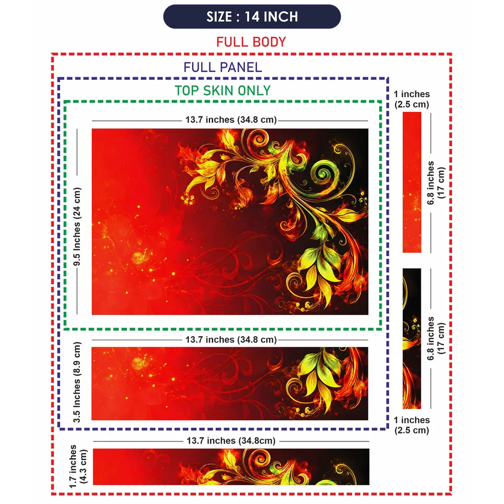 Abstract Red Fire Foliage Swirls on Black Laptop Skin - View 7