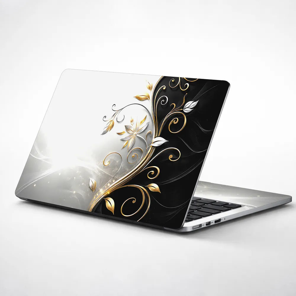 Abstract Silver Gold Floral Swirl on Grey Laptop Skin - View 1