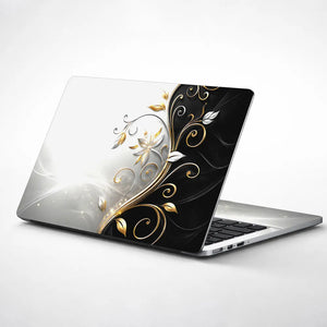 Abstract Silver Gold Floral Swirl on Grey Laptop Skin - View 1