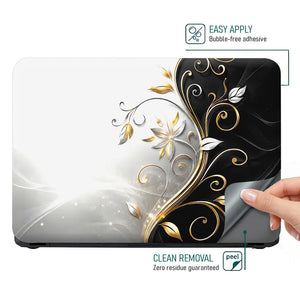 Abstract Silver Gold Floral Swirl on Grey Laptop Skin - View 4