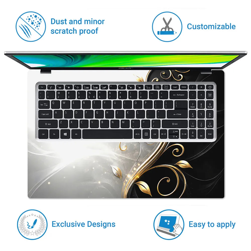 Abstract Silver Gold Floral Swirl on Grey Laptop Skin - View 5