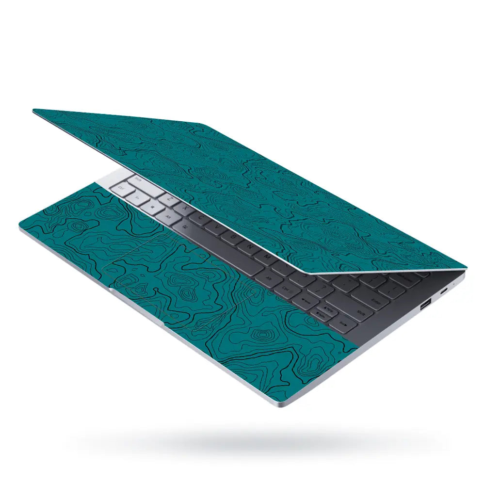 Abstract Teal Contour Lines Pattern Laptop Skin - View 3