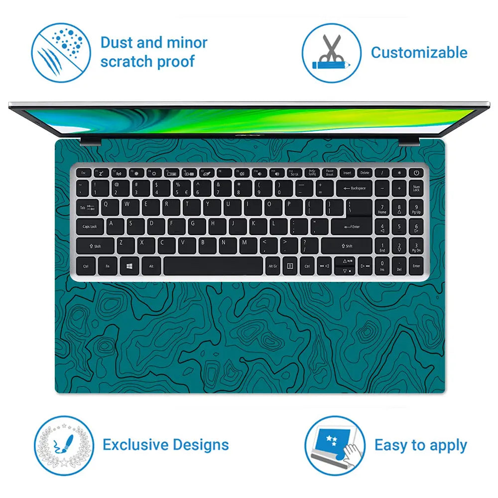 Abstract Teal Contour Lines Pattern Laptop Skin - View 5
