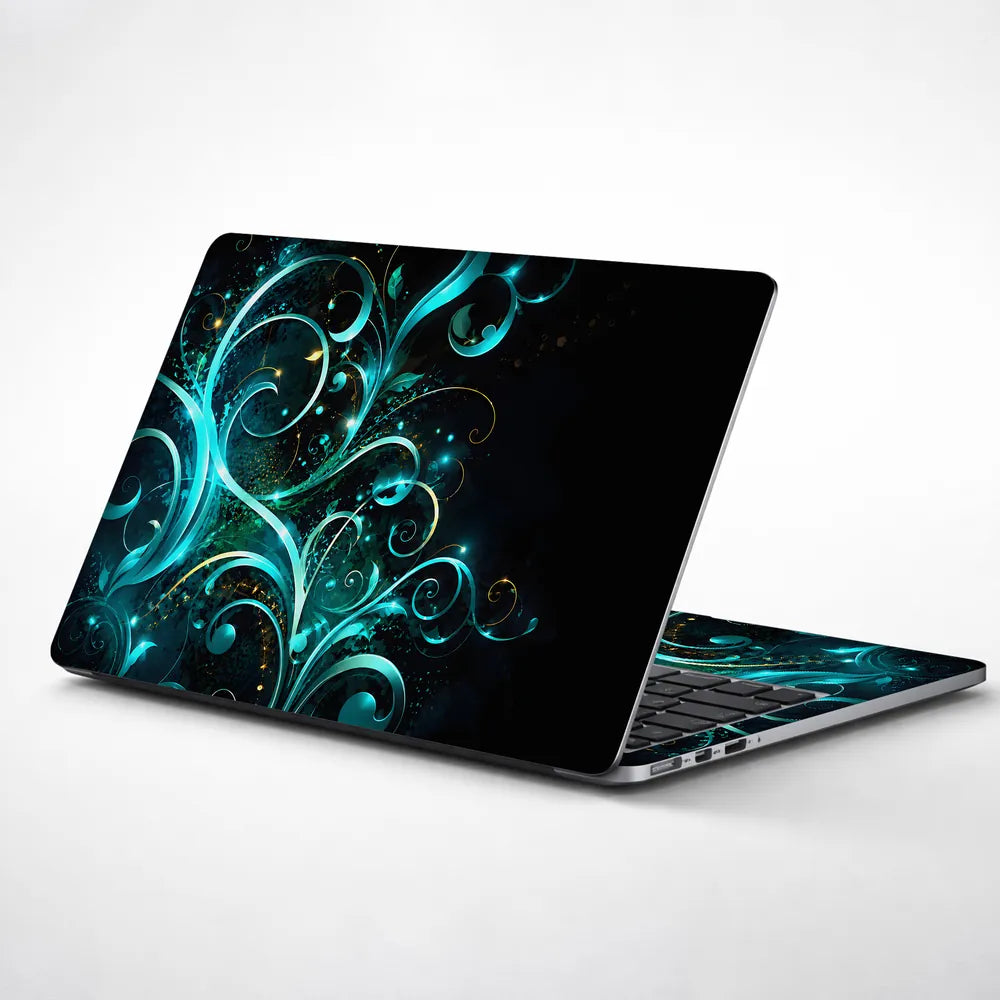 Abstract Teal Glowing Floral Vector Swirls Laptop Skin - View 1
