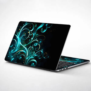 Abstract Teal Glowing Floral Vector Swirls Laptop Skin - View 1