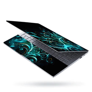 Abstract Teal Glowing Floral Vector Swirls Laptop Skin - View 3