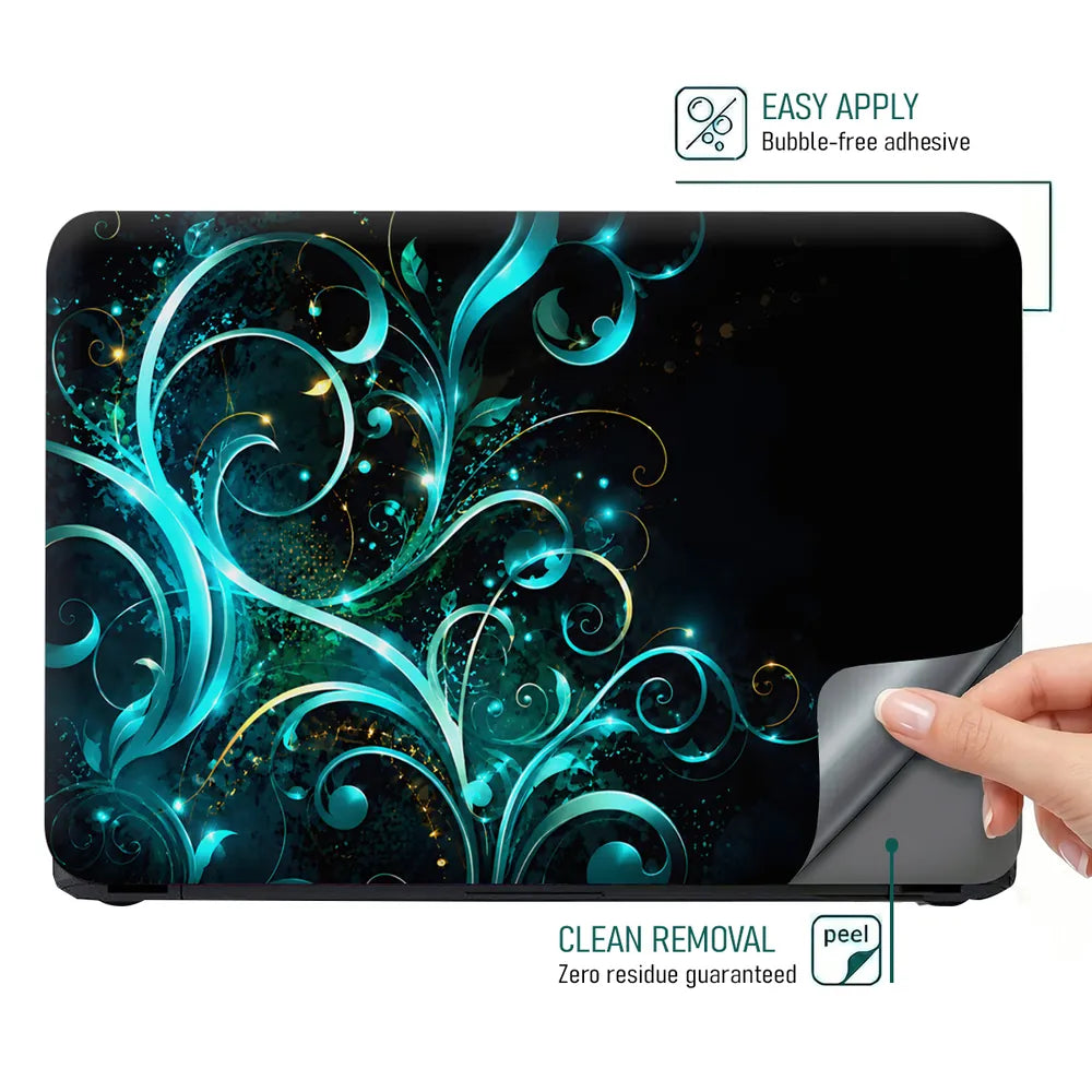 Abstract Teal Glowing Floral Vector Swirls Laptop Skin - View 4