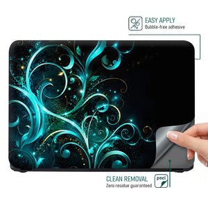 Abstract Teal Glowing Floral Vector Swirls Laptop Skin - View 4