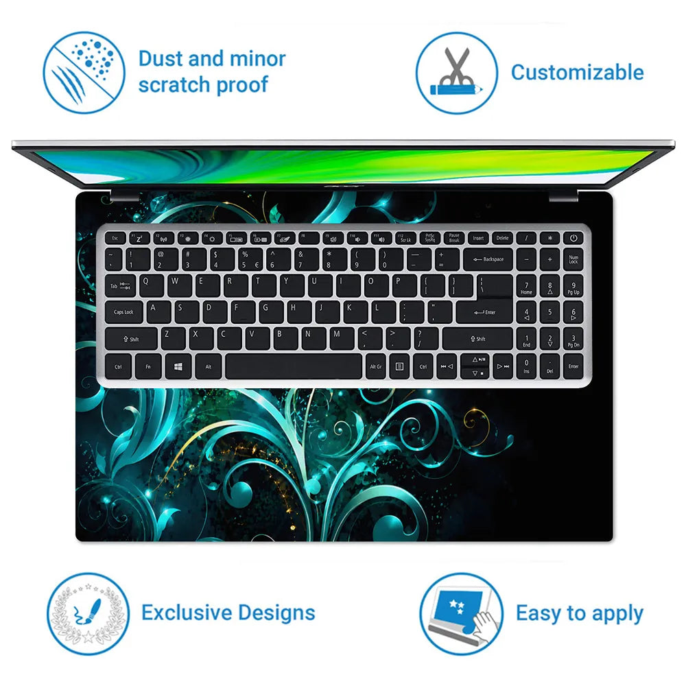 Abstract Teal Glowing Floral Vector Swirls Laptop Skin - View 5