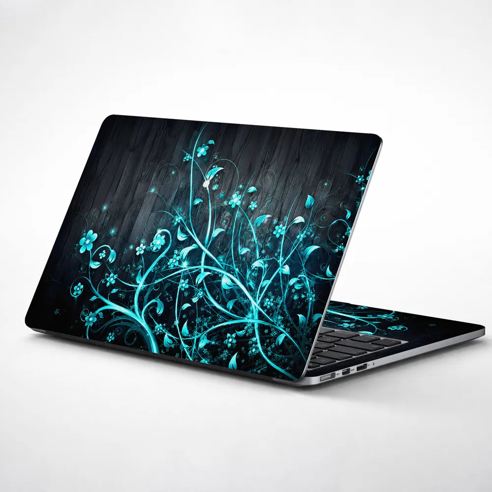 Abstract Teal Glowing Vines on Dark Wood Laptop Skin - View 1