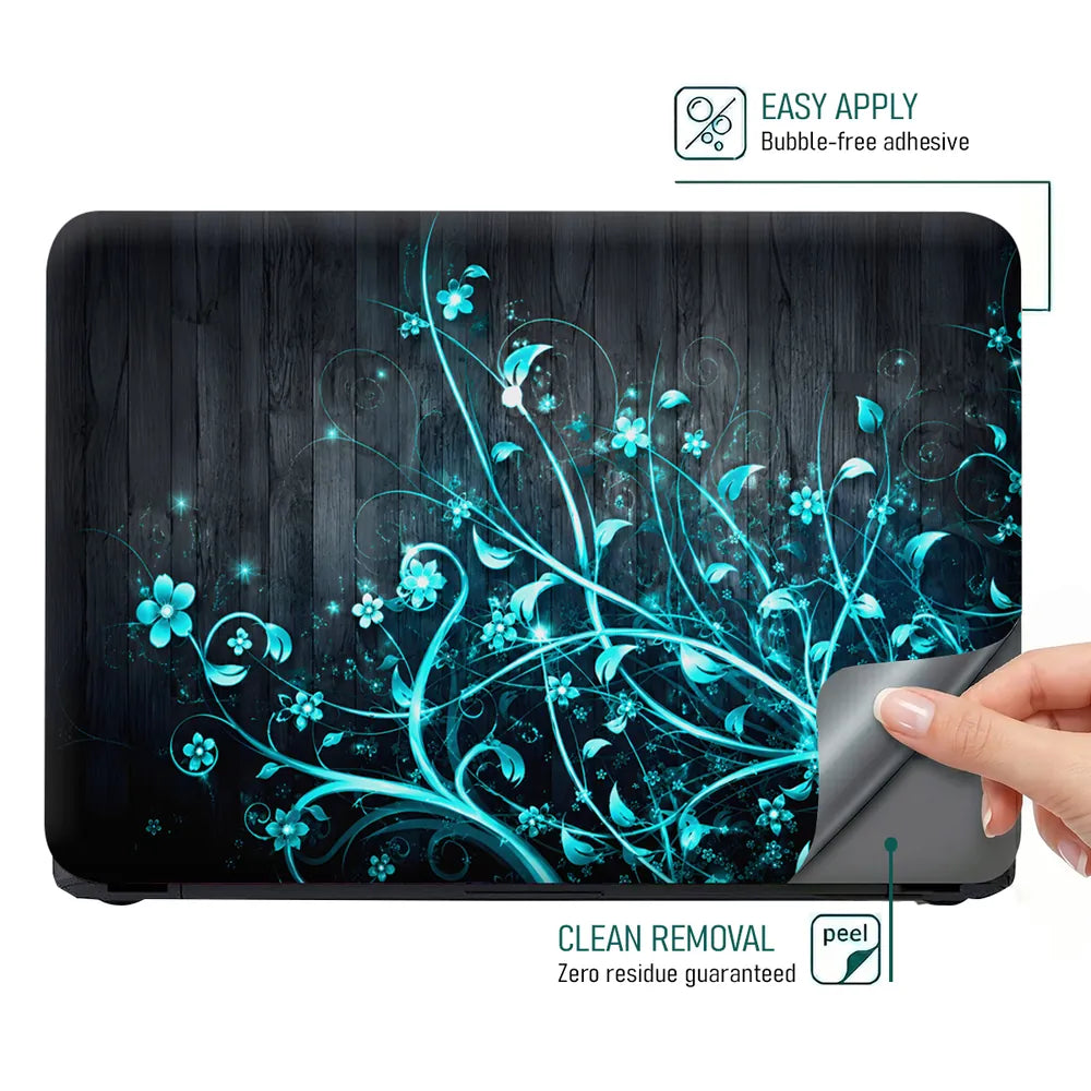 Abstract Teal Glowing Vines on Dark Wood Laptop Skin - View 4