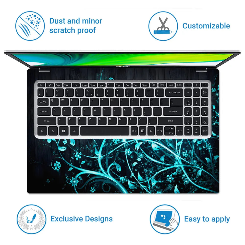 Abstract Teal Glowing Vines on Dark Wood Laptop Skin - View 5