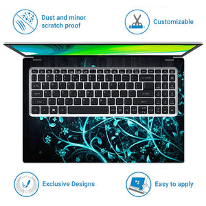 Abstract Teal Glowing Vines on Dark Wood Laptop Skin - View 5
