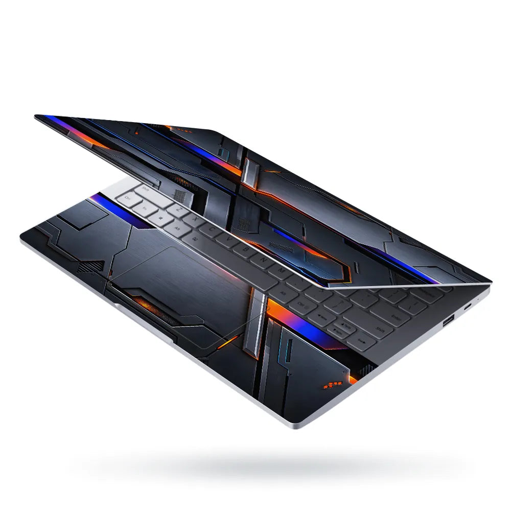 Abstract Tech Carbon Orange Blue Lines Laptop Skin - View 3