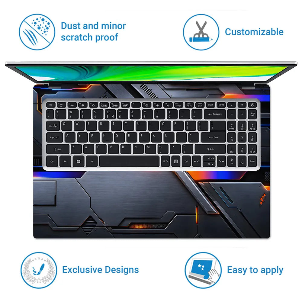 Abstract Tech Carbon Orange Blue Lines Laptop Skin - View 5