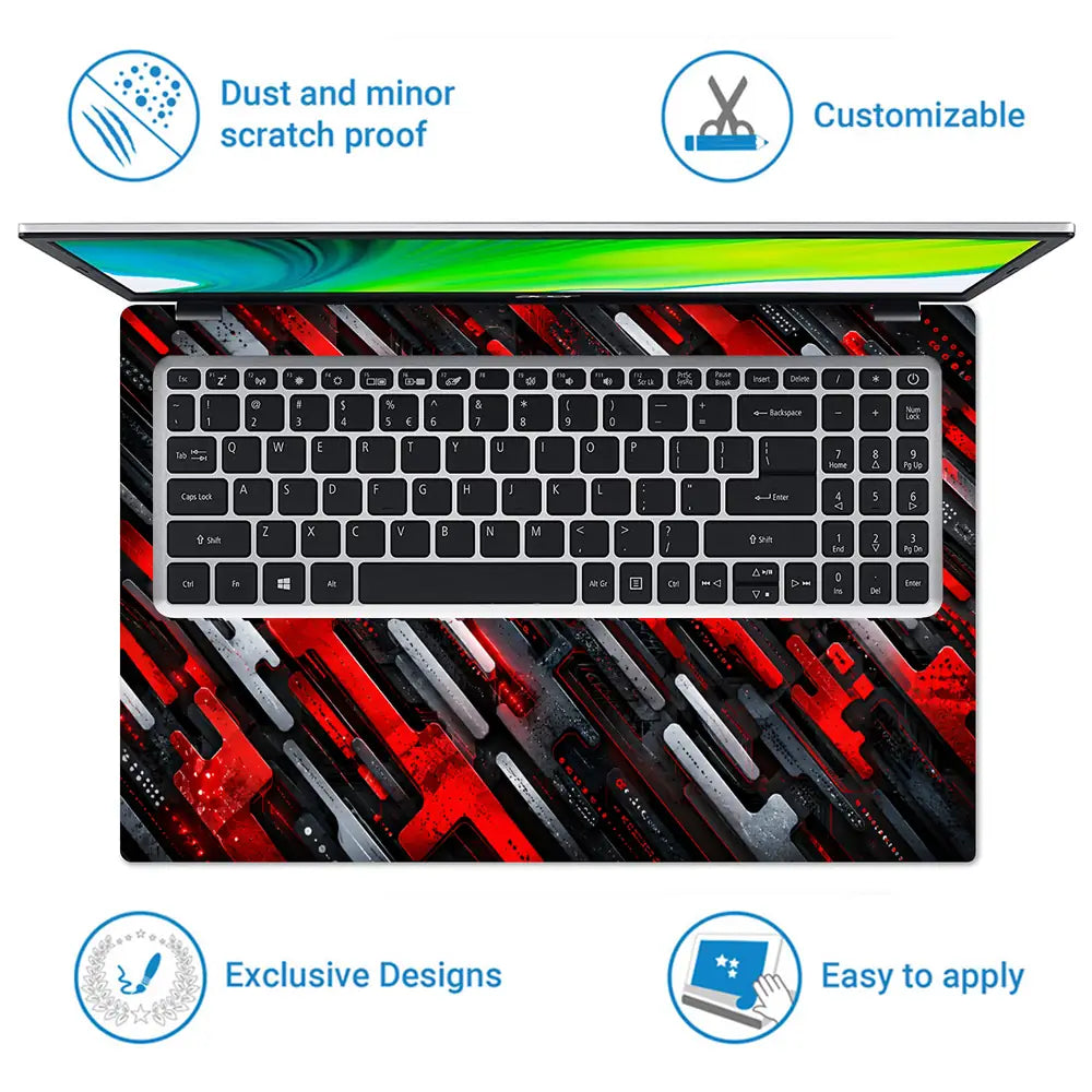 Abstract Tech Red Bars Circuit Laptop Skin - View 5