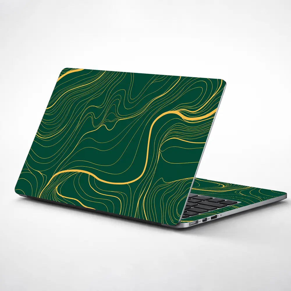 Abstract Topographic Lines Gold Green Laptop Skin - View 1