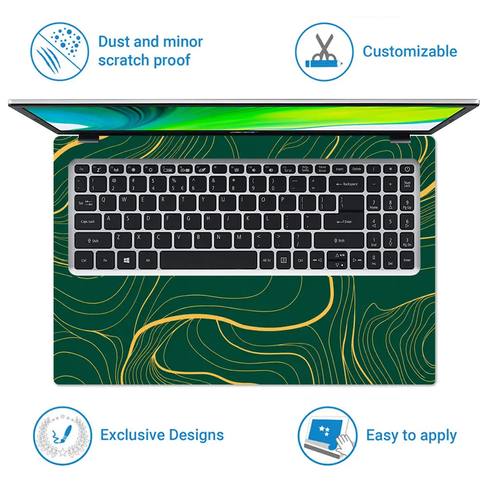 Abstract Topographic Lines Gold Green Laptop Skin - View 5