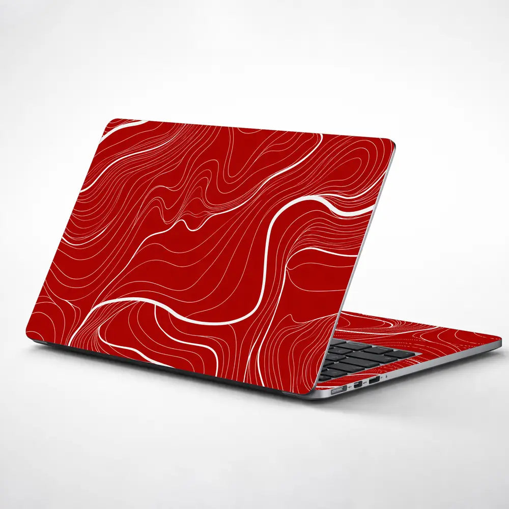 Abstract Topographic Lines White Red Laptop Skin - View 1