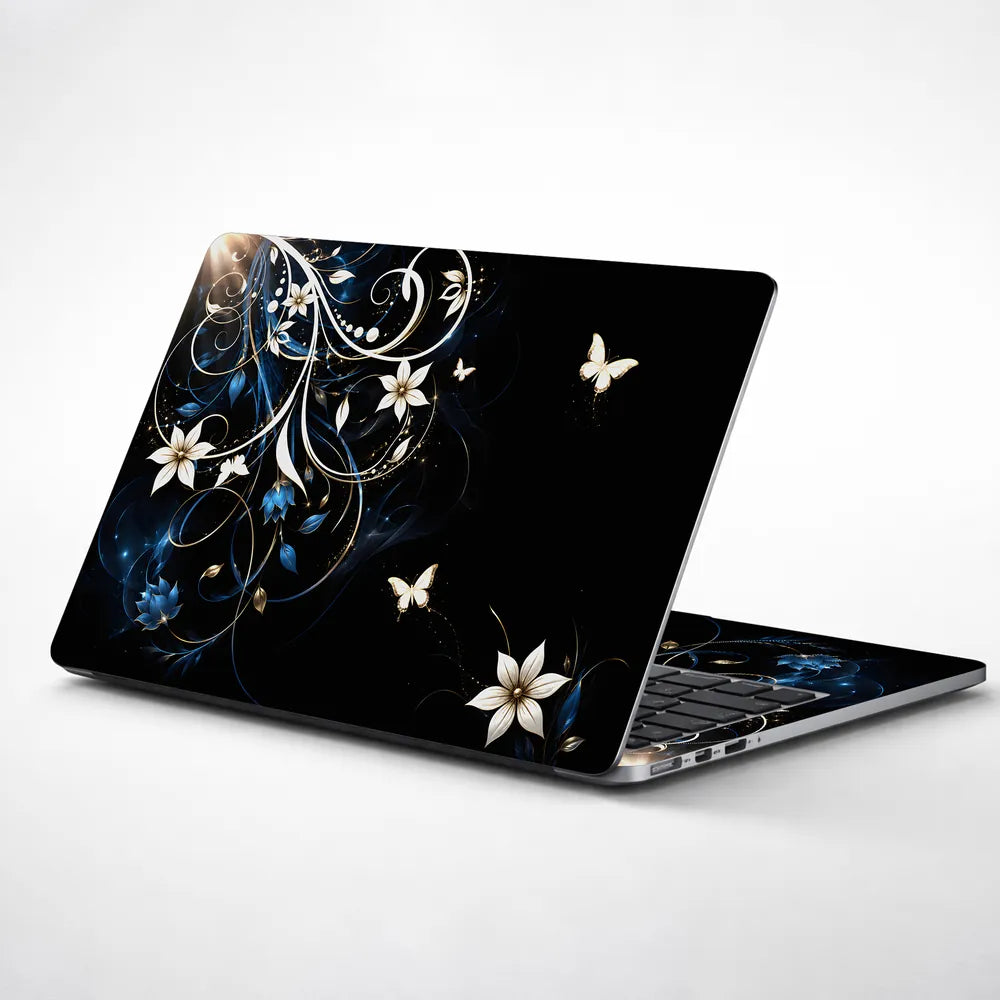 Abstract White Lilies and Butterflies on Black Laptop Skin - View 1