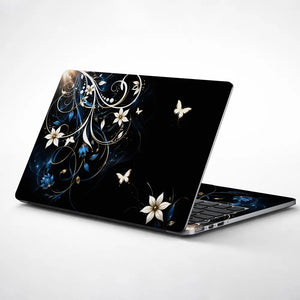 Abstract White Lilies and Butterflies on Black Laptop Skin - View 1