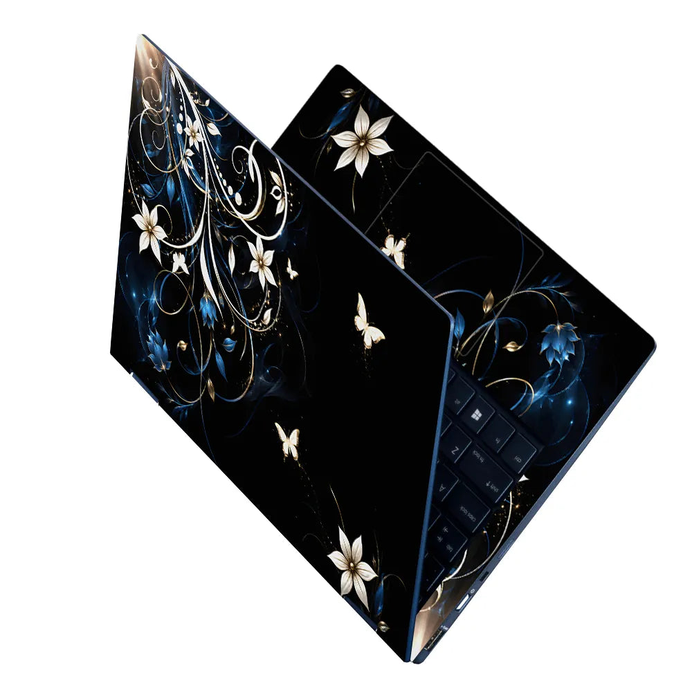 Abstract White Lilies and Butterflies on Black Laptop Skin - View 2