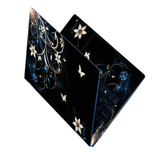 Abstract White Lilies and Butterflies on Black Laptop Skin - View 2