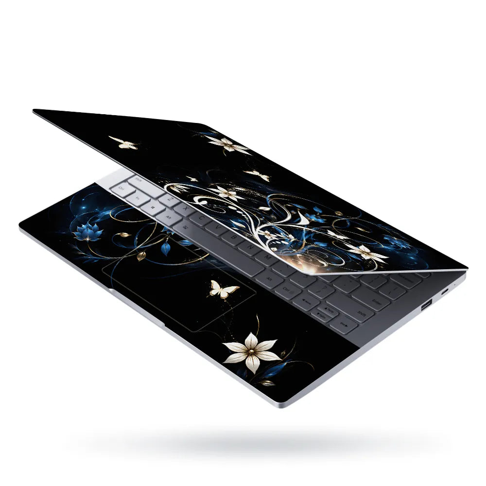 Abstract White Lilies and Butterflies on Black Laptop Skin - View 3
