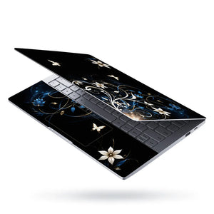 Abstract White Lilies and Butterflies on Black Laptop Skin - View 3