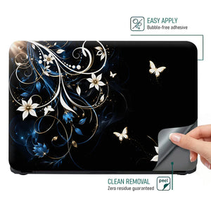 Abstract White Lilies and Butterflies on Black Laptop Skin - View 4