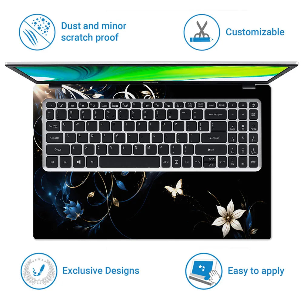 Abstract White Lilies and Butterflies on Black Laptop Skin - View 5