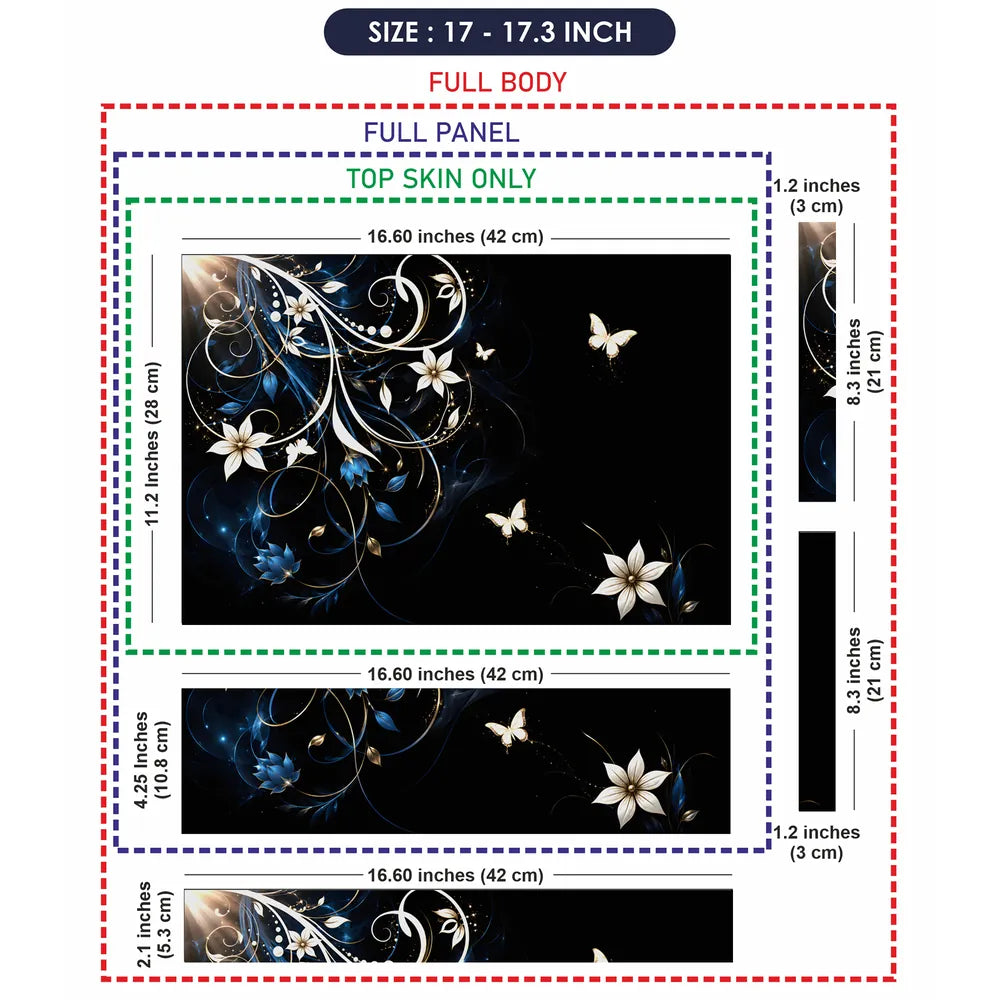 Abstract White Lilies and Butterflies on Black Laptop Skin - View 9