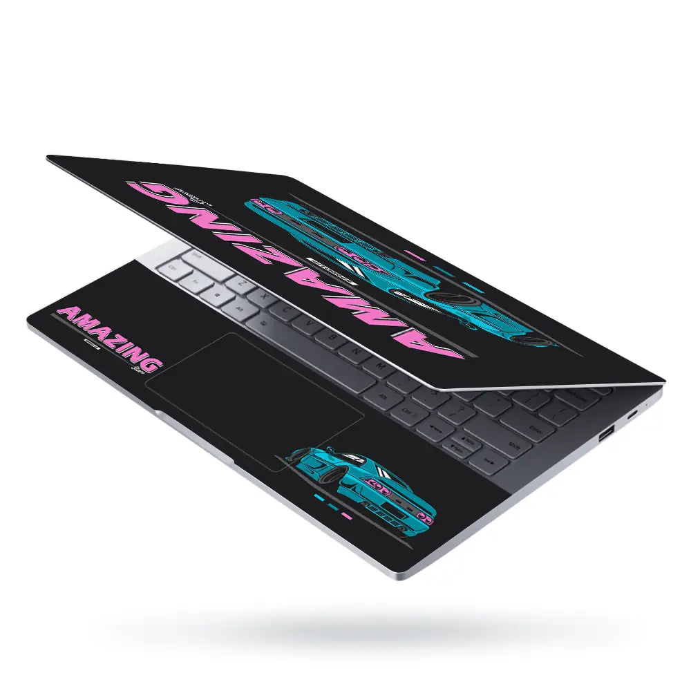 Amazing Stance Teal Sports Car Laptop Skin - View 3