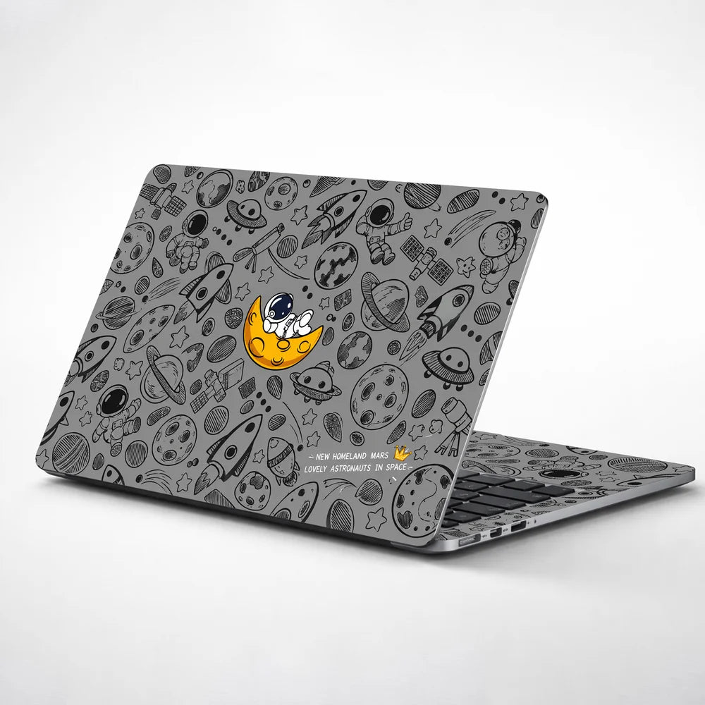 Astronaut Yellow Moon Doodles Laptop Skin - View 1