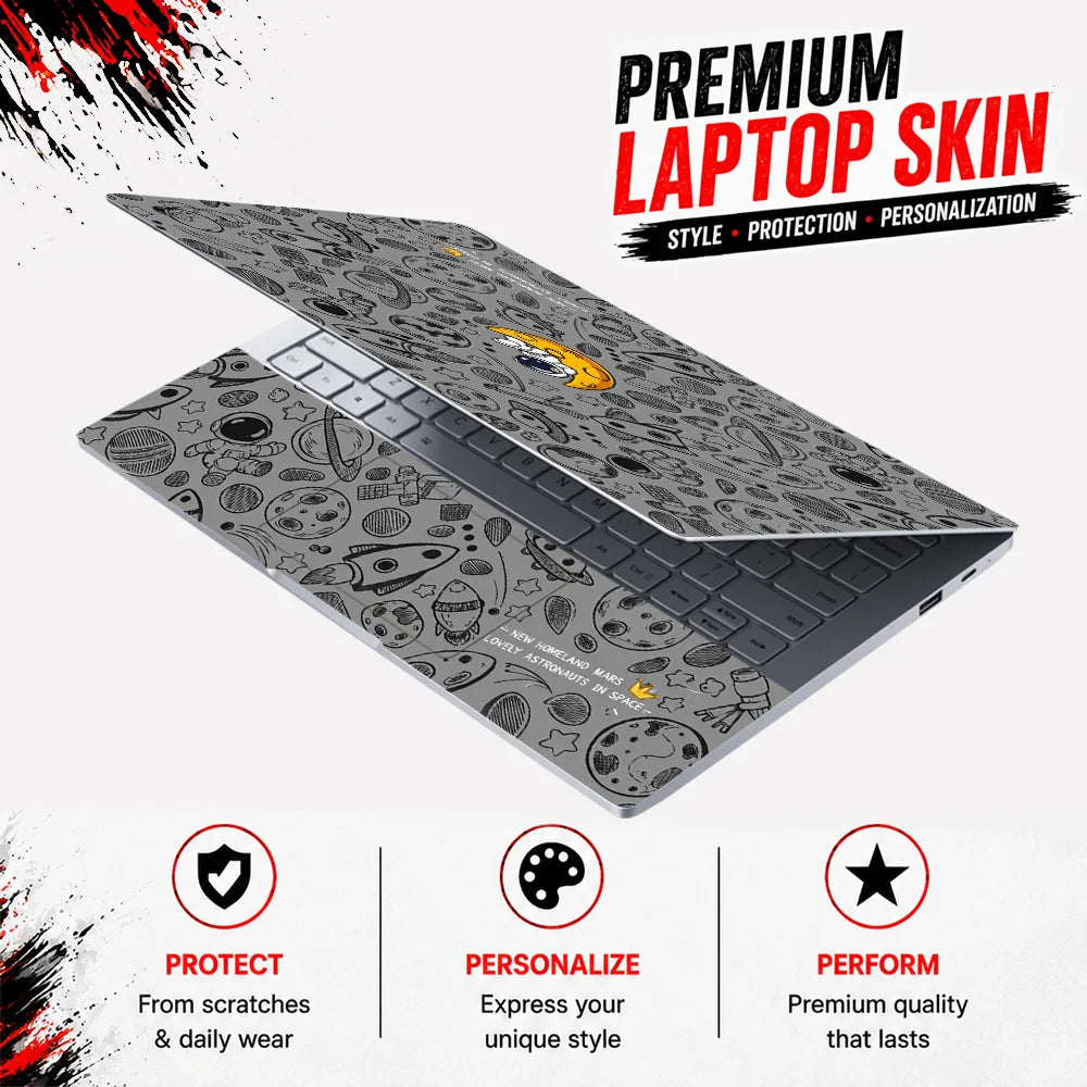 Astronaut Yellow Moon Doodles Laptop Skin - View 3