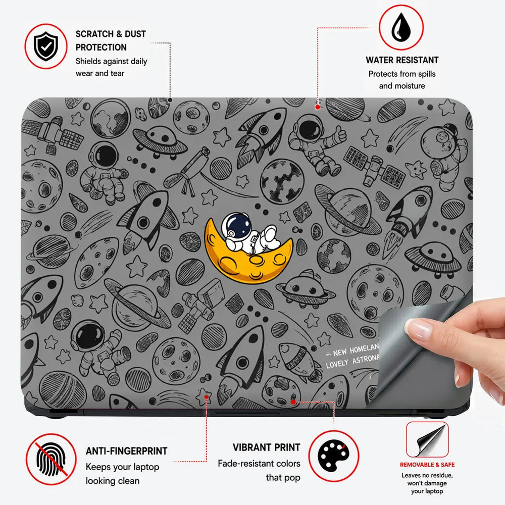 Astronaut Yellow Moon Doodles Laptop Skin - View 4