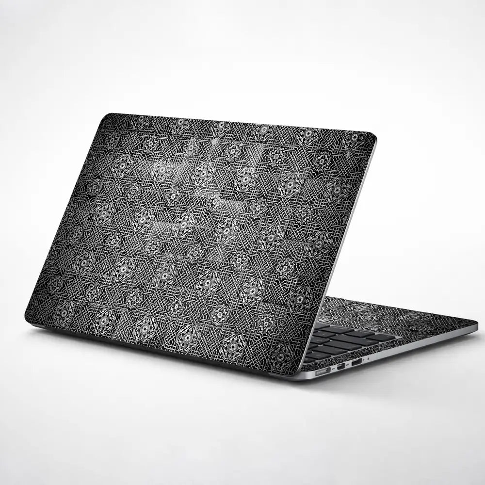 Black Silver Floral Tile - Metallic and Textured Finish Laptop Skin - View 1