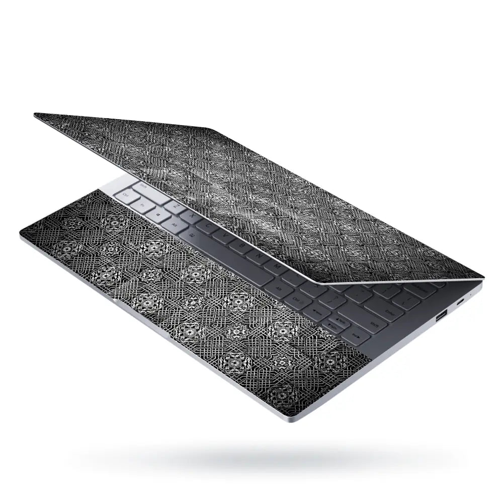 Black Silver Floral Tile - Metallic and Textured Finish Laptop Skin - View 3